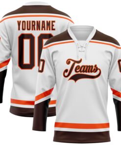 Custom White Brown-Orange Hockey Lace Neck Jersey