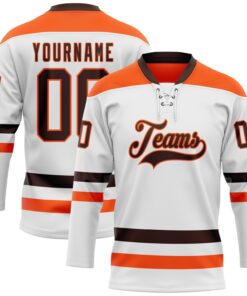 Custom White Brown-Orange Hockey Lace Neck Jersey