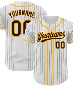 Custom White Brown Pinstripe Brown-Gold Authentic Baseball Jersey