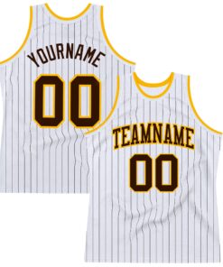 Custom White Brown Pinstripe Brown-Gold Authentic Basketball Jersey
