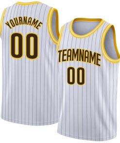 Custom White Brown Pinstripe Brown-Gold Authentic Basketball Jersey