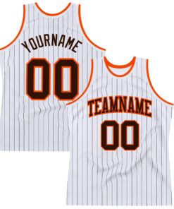 Custom White Brown Pinstripe Brown-Orange Authentic Basketball Jersey
