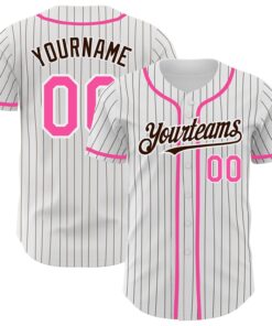 Custom White Brown Pinstripe Pink Authentic Baseball Jersey