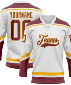 Custom White Burgundy-Gold Hockey Lace Neck Jersey