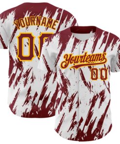 Custom White Crimson-Gold 3D Pattern Design Abstract Sharp Shape Authentic Baseball Jersey