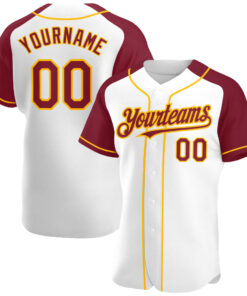 Custom White Crimson-Gold Authentic Raglan Sleeves Baseball Jersey