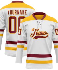 Custom White Crimson-Gold Hockey Lace Neck Jersey