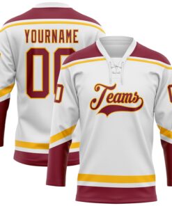 Custom White Crimson-Gold Hockey Lace Neck Jersey