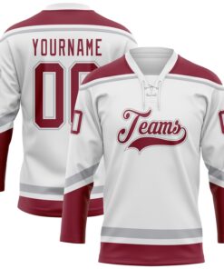 Custom White Crimson-Gray Hockey Lace Neck Jersey