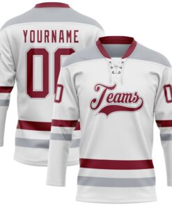 Custom White Crimson-Gray Hockey Lace Neck Jersey