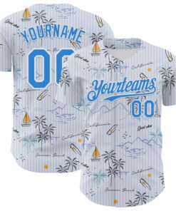 Custom White Electric Blue 3D Hawaii Beach Tropical Palm Tree Authentic Baseball Jersey
