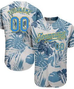 Custom White Electric Blue-Gold 3D Pattern Design Hawaii Palm Leaves And Flowers Authentic Baseball Jersey