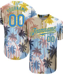Custom White Electric Blue-Yellow 3D Pattern Design Hawaii Coconut Palms Authentic Baseball Jersey