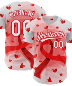 Custom White Fire Red 3D Blood Cancer Ribbon Authentic Baseball Jersey