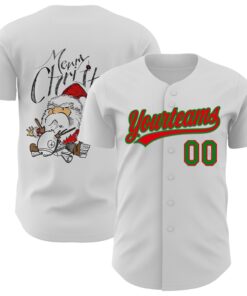 Custom White Fire Red-Grass Green 3D Funny Christmas Authentic Baseball Jersey