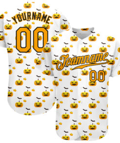 Custom White Gold-Black 3D Pattern Design Halloween Pattern With Pumpkins Authentic Baseball Jersey