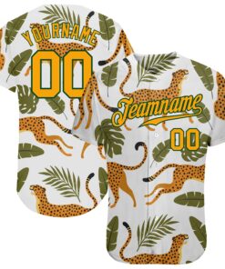 Custom White Gold-Green 3D Pattern Design Leopards And Tropical Palm Leaves Authentic Baseball Jersey