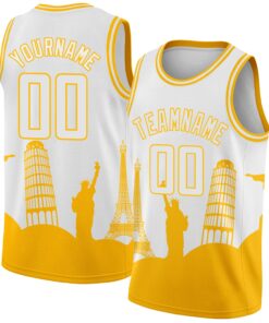 Custom White Gold Holiday Travel Monuments Silhouette Authentic City Edition Basketball Jersey
