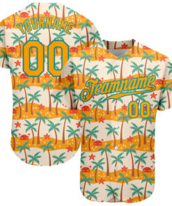 Custom White Gold-Teal 3D Pattern Design Hawaii Palm Trees Authentic Baseball Jersey