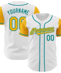 Custom White Gold-Teal Authentic Two Tone Baseball Jersey