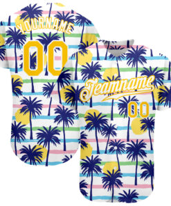 Custom White Gold-White 3D Pattern Design Hawaii Palm Trees Authentic Baseball Jersey