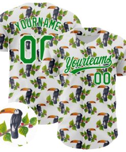 Custom White Grass Green 3D Pattern Design Animal Toucan And Tropical Hawaii Palm Leaves Authentic Baseball Jersey