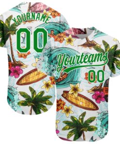Custom White Grass Green 3D Pattern Design Hawaii Palm Trees And Beach Surfing Authentic Baseball Jersey