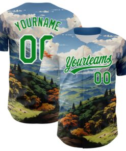 Custom White Grass Green 3D Pattern Design Mountains Landscape Authentic Baseball Jersey