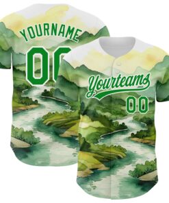 Custom White Grass Green 3D Pattern Design Mountains Landscape Authentic Baseball Jersey