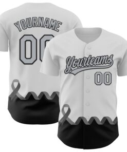 Custom White Gray-Black 3D Brain Cancer Ribbon Authentic Baseball Jersey