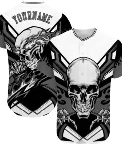 Custom White Gray-Black 3D Skull Authentic Baseball Jersey