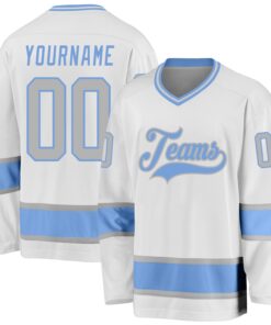 Custom White Gray-Light Blue Hockey Jersey