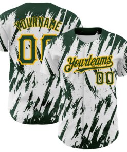 Custom White Green-Gold 3D Pattern Design Abstract Sharp Shape Authentic Baseball Jersey