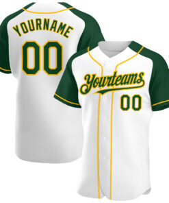 Custom White Green-Gold Authentic Raglan Sleeves Baseball Jersey