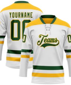 Custom White Green-Gold Hockey Lace Neck Jersey