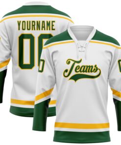 Custom White Green-Gold Hockey Lace Neck Jersey