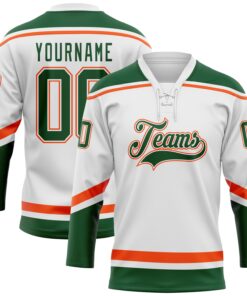 Custom White Green-Orange Hockey Lace Neck Jersey