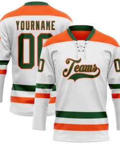 Custom White Green-Orange Hockey Lace Neck Jersey