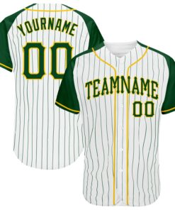 Custom White Green Pinstripe Green-Gold Authentic Raglan Sleeves Baseball Jersey