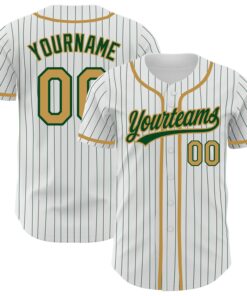 Custom White Green Pinstripe Old Gold Authentic Baseball Jersey