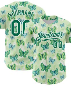 Custom White Kelly Green 3D Pattern Design Animal Butterfly Authentic Baseball Jersey