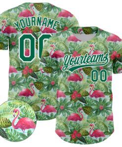 Custom White Kelly Green 3D Pattern Design Animal Flamingo And Hawaii Palm Leaves Authentic Baseball Jersey