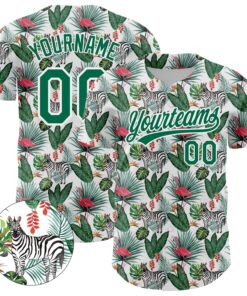 Custom White Kelly Green 3D Pattern Design Animal Zebra Flamingo And Hawaii Palm Leaves Authentic Baseball Jersey