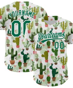 Custom White Kelly Green 3D Pattern Design Cactus Festival Authentic Baseball Jersey