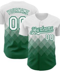 Custom White Kelly Green 3D Pattern Design Gradient Square Shapes Authentic Baseball Jersey