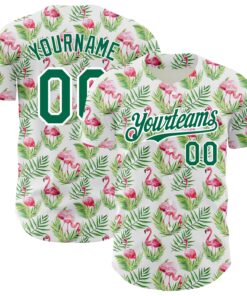 Custom White Kelly Green 3D Pattern Design Tropical Hawaii Palm Leaves And Flamingo Authentic Baseball Jersey