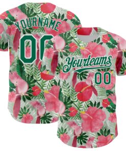 Custom White Kelly Green 3D Pattern Design Tropical Plant And Bird Authentic Baseball Jersey