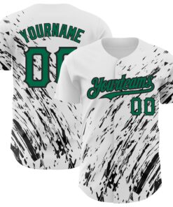 Custom White Kelly Green-Black 3D Pattern Design Abstract Splash Authentic Baseball Jersey