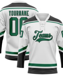 Custom White Kelly Green-Black Hockey Lace Neck Jersey