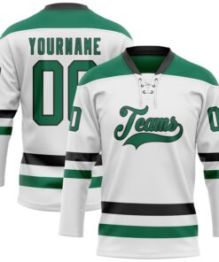 Custom White Kelly Green-Black Hockey Lace Neck Jersey